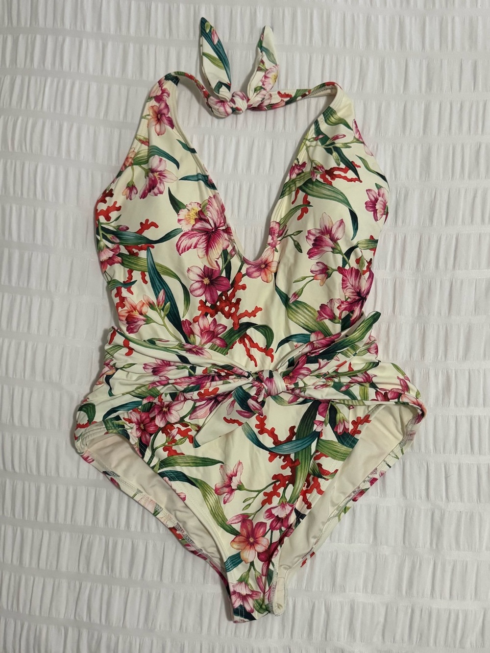 Carmen Marc Valvo Cream Floral Halter One-Piece Swimsuit
